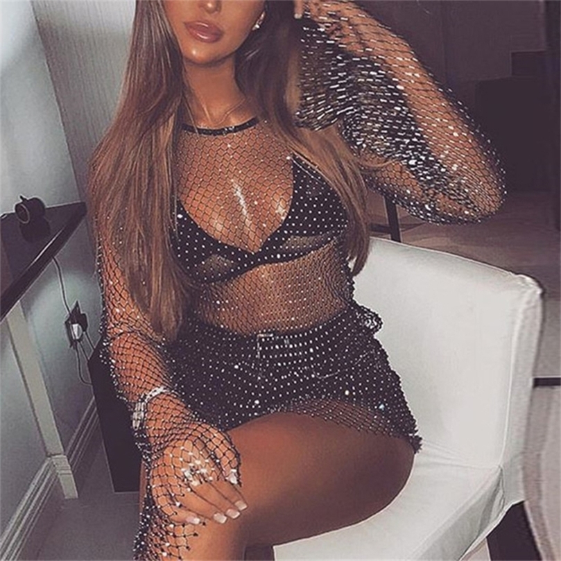 

Sexy club Long Sleeve Dress Rhinestones Fishnet Mini diamond Dress Women Mesh Hollow Out Summer Beach Dresses Party Club wear T200707, Black