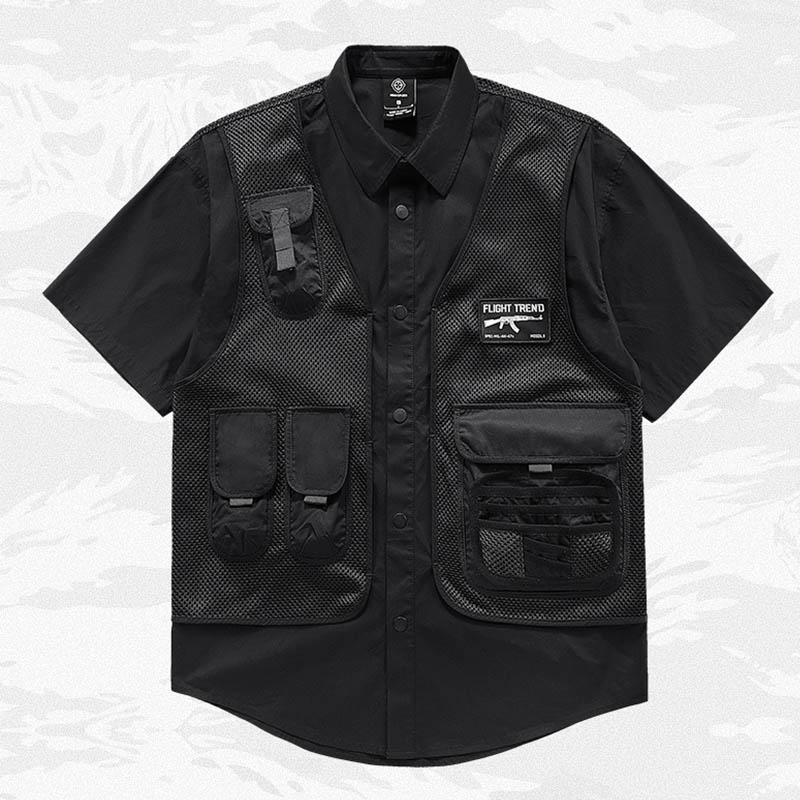 

Men's Casual Shirts Streetwear Oversized Military Style Short Sleeves Multi Pockets Cargo Button Up Blouse Black CottonMen's