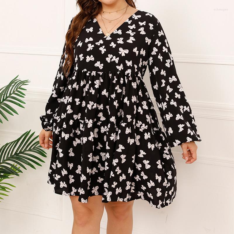 

Plus Size Dresses Printed Midi Skirt Women's Dress Long Sleeve V Neck High Waist Pullover Chiffon Sweet Temperament Echm22, Black