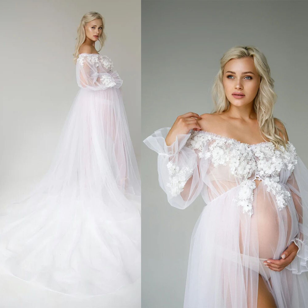 

White Illusion Party Sleepwear Dresses Women Long Maternity Flowers Custom Made Robe Evening Dress