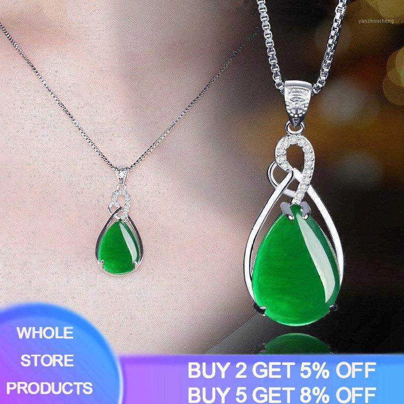 Pendant Necklaces Natural Green Chalcedony Tibetan Silver S925 Necklace Agate Jade Peridot Bizuteria For Women Gemstone JewelryPendant-image-768999618