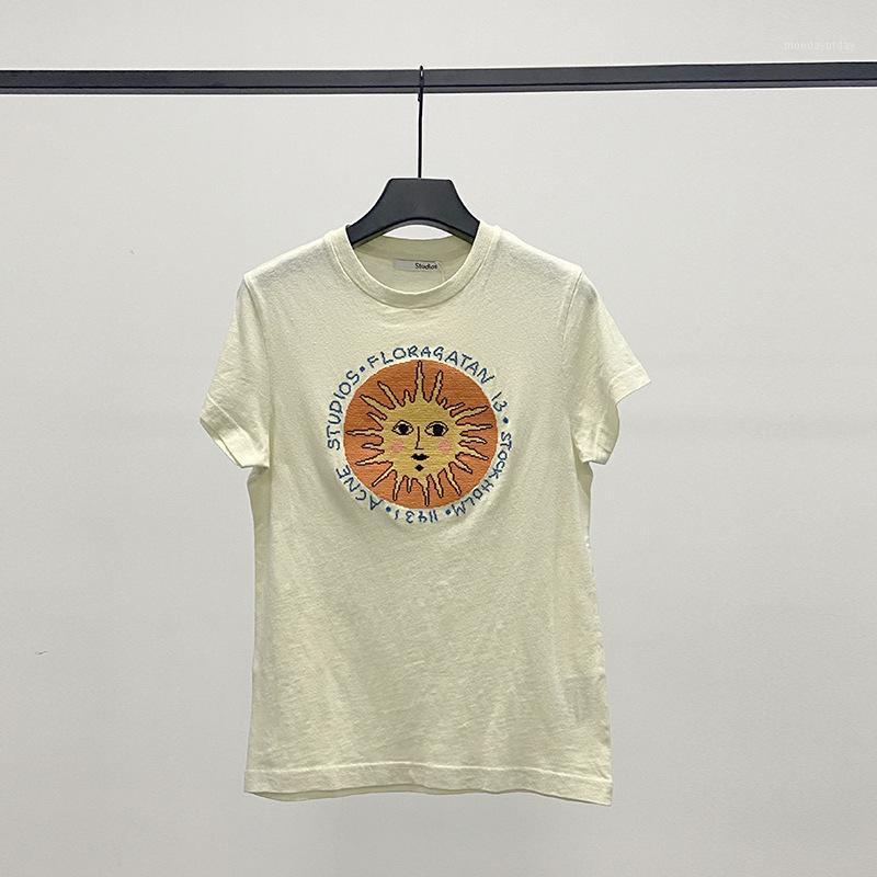 

Women's T-Shirt Women 2022 Summer Embroidered Cotton Round Neck Slim Short Sleeve, Light yellow