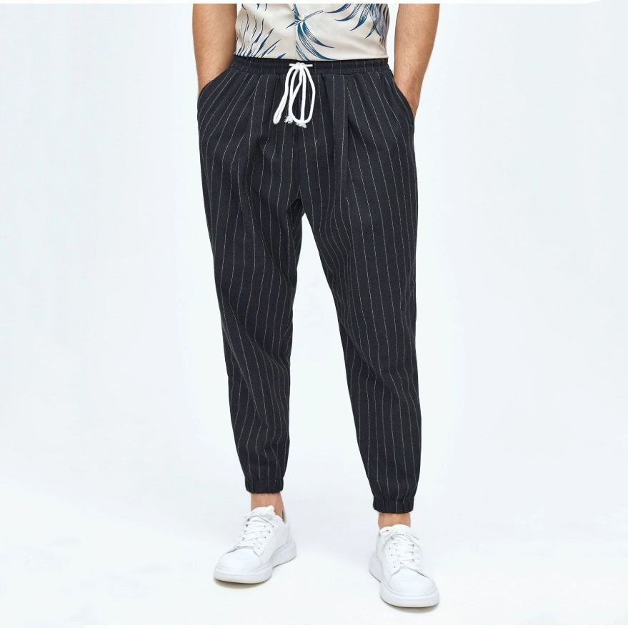 

men Pinstriped Drawstring Waist Pants w9GA#, Black