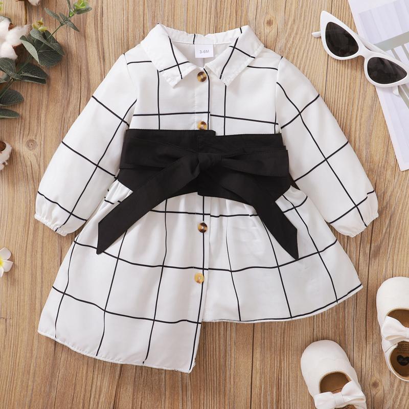 

Girl's Dresses 0-24M Fashion Born Baby Girl Dress Plaid Printed Irregular Hem Lapel Button Closed Elastic Long Sleeve Belted DressGirl's, As pic
