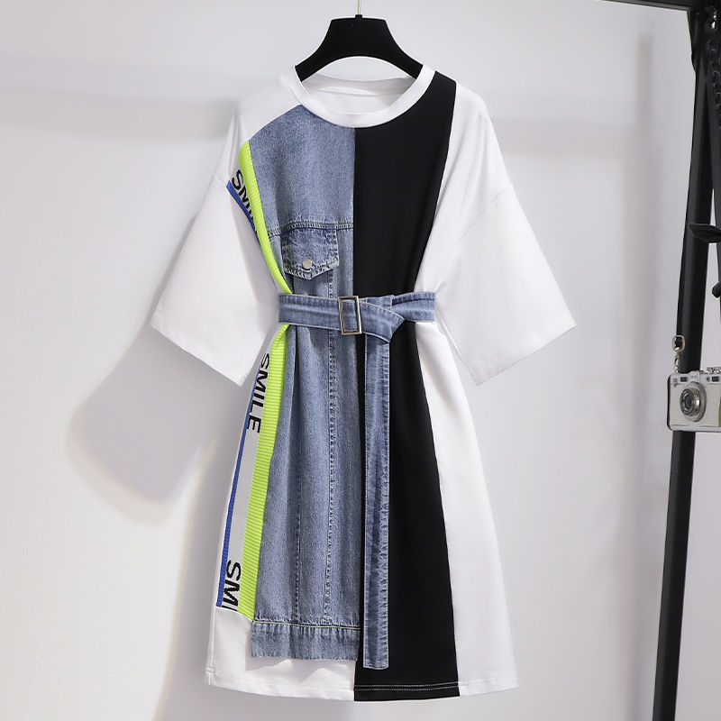Summer Patchwork T Shirt Dress Women Korean Ulzzang Causal Party Dresses Sashes Streetwear Plus Size Fake Two Piece Dress M-4XL-image-762553508