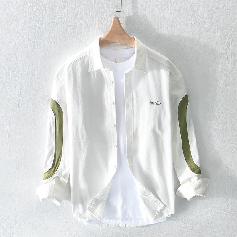 

Men's Casual Shirts Spring And Autumn Men's Cotton Long Sleeve Shirt Japanese Small Fresh Loose Trend Embroidery Stitching Top JacketMen, Green