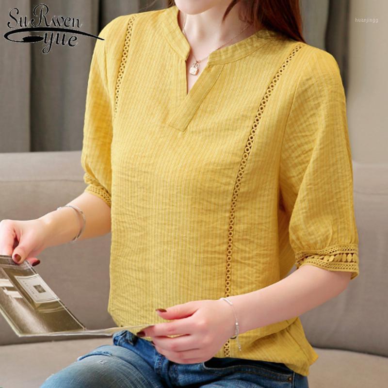 

Yellow White Shirt 2022 Summer V-collar Short Sleeve Chiffon Blouse Women Tops And Strip 4138 50 Women' Blouses & Shirts