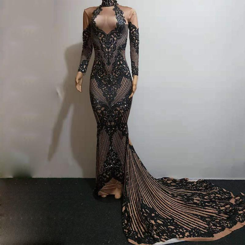 

Stage Wear Singer Costume Evening Party Long Sleeve Crystals Black Trailing Stretch Dress Birthday Celebrate Dresses DT1183Stage, 1 pc dress