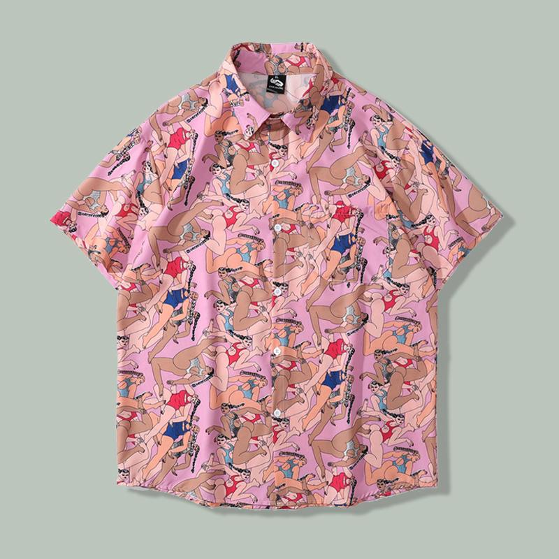 

Men's Casual Shirts Sexy Anime Girl Print Shirt Men Hawaiian Hip Hop Retro Loose Wear Summer Harajuku Streetwear Beach Oversize TopsMen's, Pink