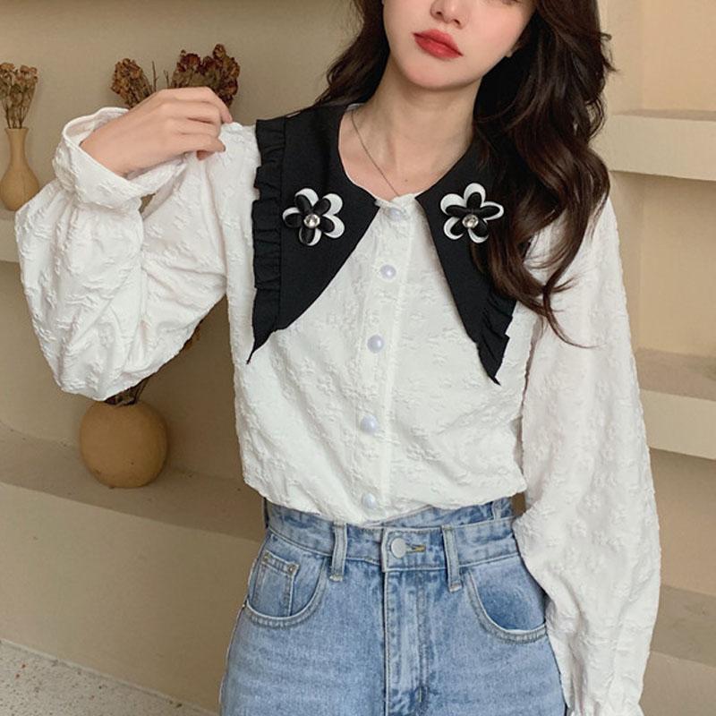 

Women's Polos 2022 Spring And Autumn Retro Baby Face Design Niche Single-breasted Cardigan Long-sleeved Shirt, White