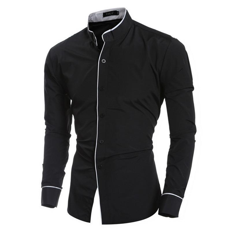 

Men' Dress Shirts Puimentiua Men Stand Collar Shirt Long Sleeve Turn Down Slim Pure Colors Solid Fit Business 2022 Male Silm, White