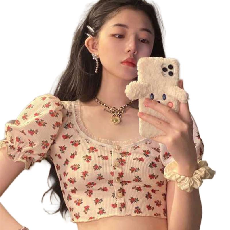 

Women' Blouses & Shirts Women Summer Puff Short Sleeve Crop Top Vintage Lace Trim Square Neck Buttons Down T-Shirt Waffle Knitted Floral Pr, Blue