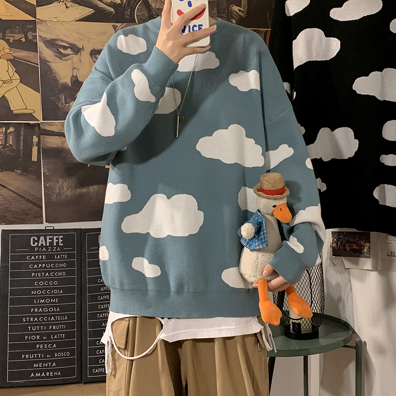 

Fashion Men Sweaters Unisex Knitted Pullovers Lovers Clothing Cute Cartoon Print Raglan Sleeve Spring Autumn Warm Tops L220812, Black