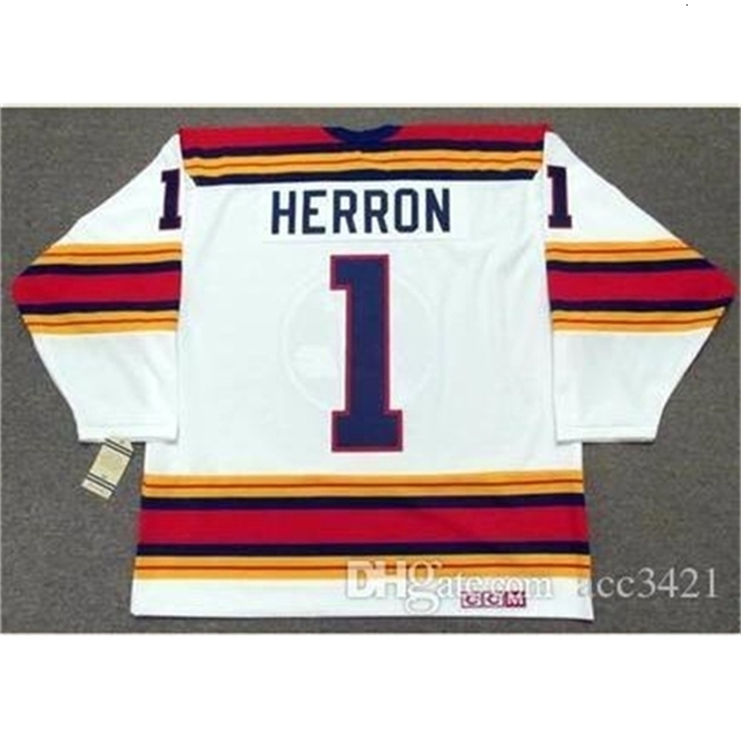 

CeUf Custom Men Youth women Uf tage #1 DENIS HERRON Kansas City Scouts 1975 CCM Hockey Jersey Size S- or custom any name or number, White men s-5xl