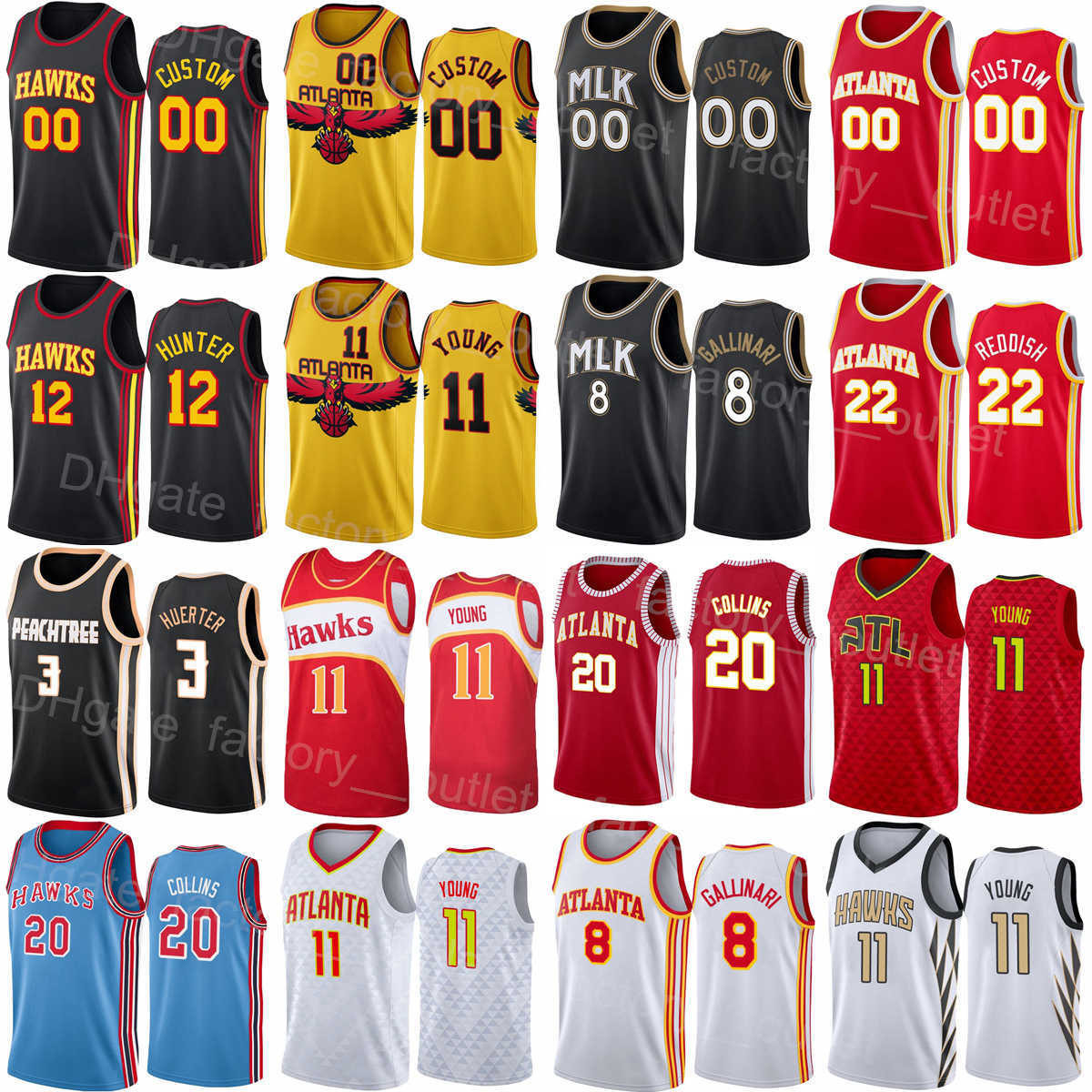 Screen Printed Basketball Trae Young Jersey 11 DeAndre Hunter 12 John Collins 20 Danilo Gallinari 8 Kevin Huerter 3 Cam Reddish 22 Jalen Johnson 1 S