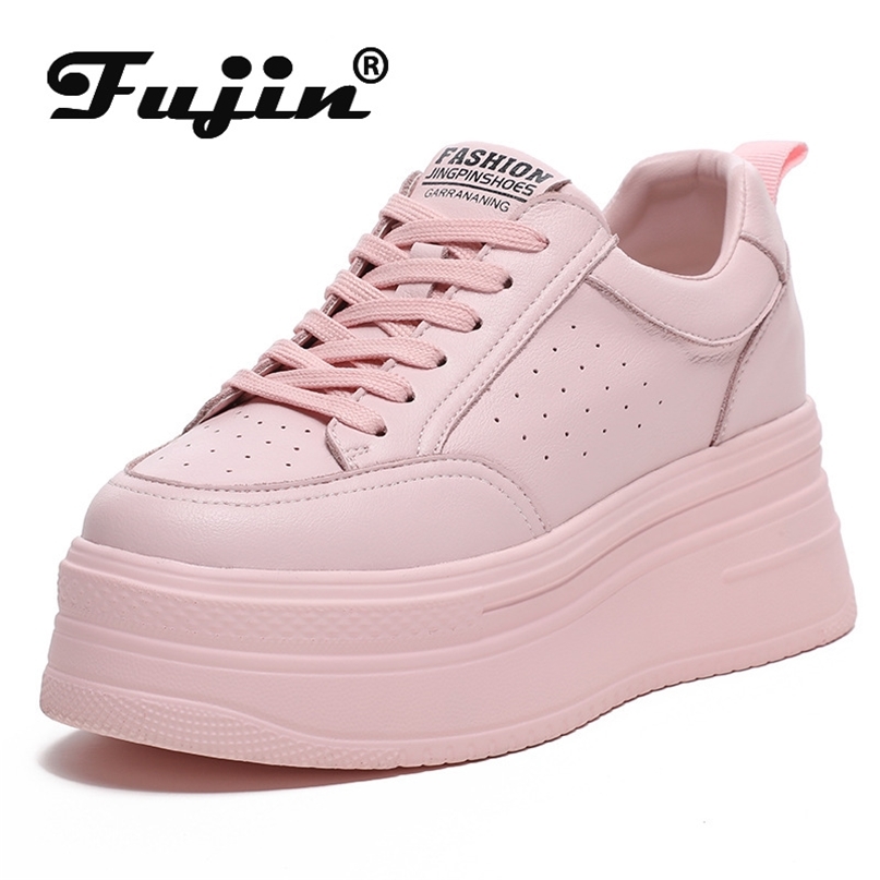 

Fujin 8cm Genuine Leather Women Casual Shoes Chunky Sneakers Platform Wedge Hidden Heel Leisure Spring Autumn White 220810, Pink air mesh