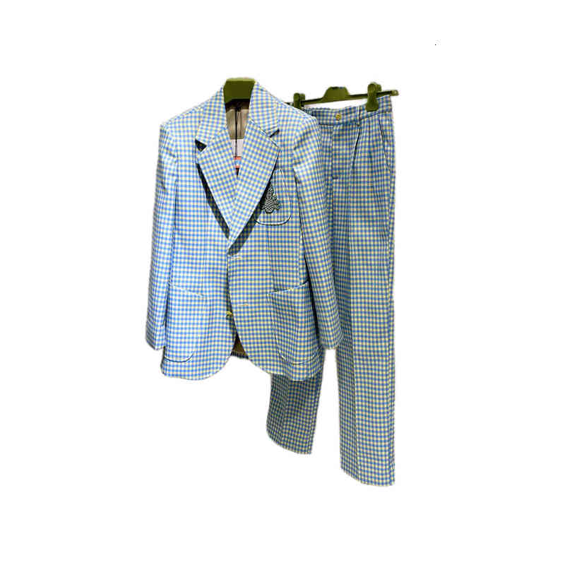 

Italian vintage style Designers Men' women' luxury embroidery Jacket Pineapple series wool check suit Blazer straight-leg trousers, Dark blue plaid jacket