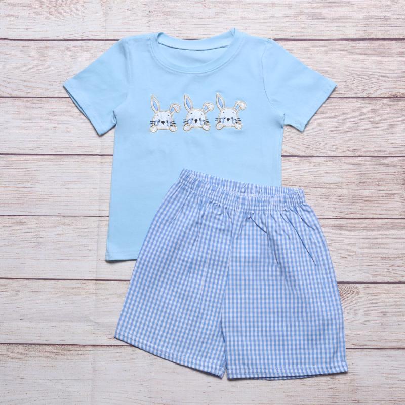 

Clothing Sets Summer Clothes Blue Short Sleeve Top And Plaid Shorts Easter Three Rabbits Embroidered Pattern Boys, 2bk2108-469