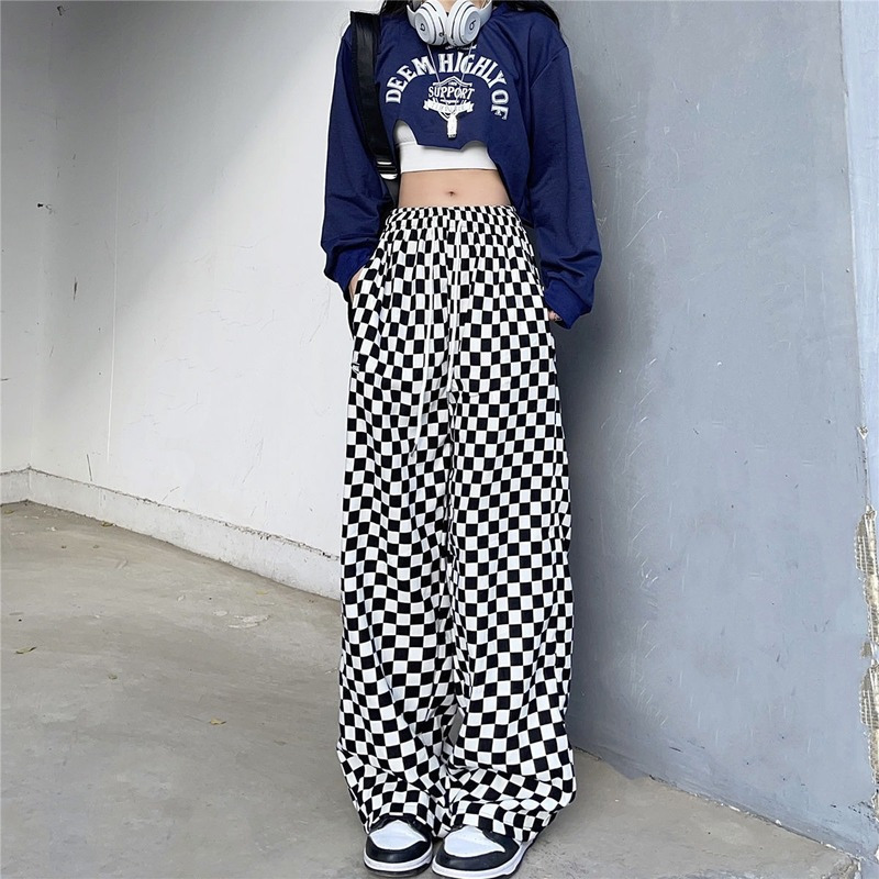 

MINGLIUSILI Vintage Checkerboard Wide Leg Pants Women Spring Fashion Plaid Pants High Waist Baggy Streetwear Casual Trousers CX220402, Picture