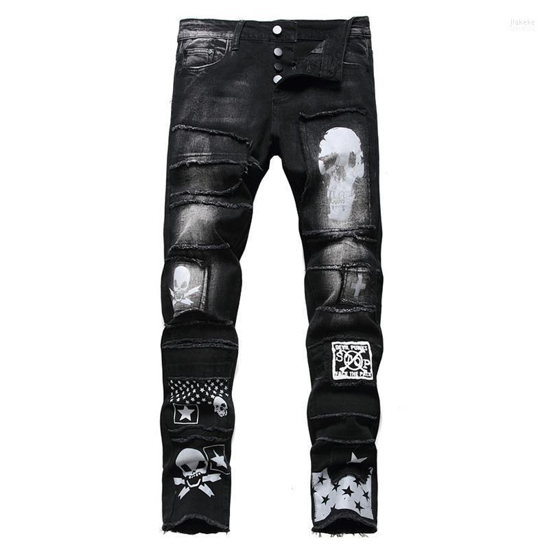

Men's Jeans Black Skull Stars Printed Streetwear Buttons Patchwork Slim Stretch Denim Fringe Pants1
