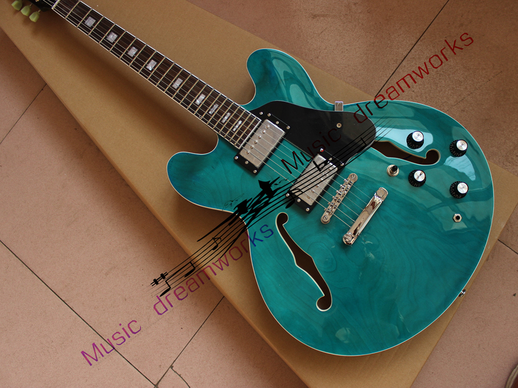 

Premium Lake blue Jazz Guitar 335, F-hole semi-hollow guitar, metal hardware, custom support