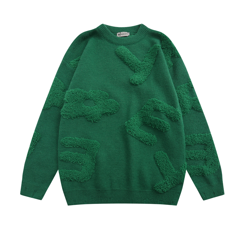 

Solid Color Letter Embroidery Crew Neck Men's and Women's Sweaters Winter Streetwear Retro Casual Pullover Knitted Clothes, Green