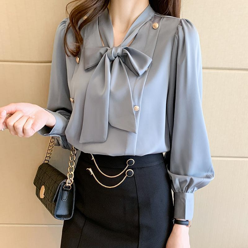 

Women' Blouses & Shirts Elegant Bowknot Long-sleeved White Shirt Autumn Spring Korean Pullovers Button Tops Fashion Women Chiffon Blouse Bl, Blue