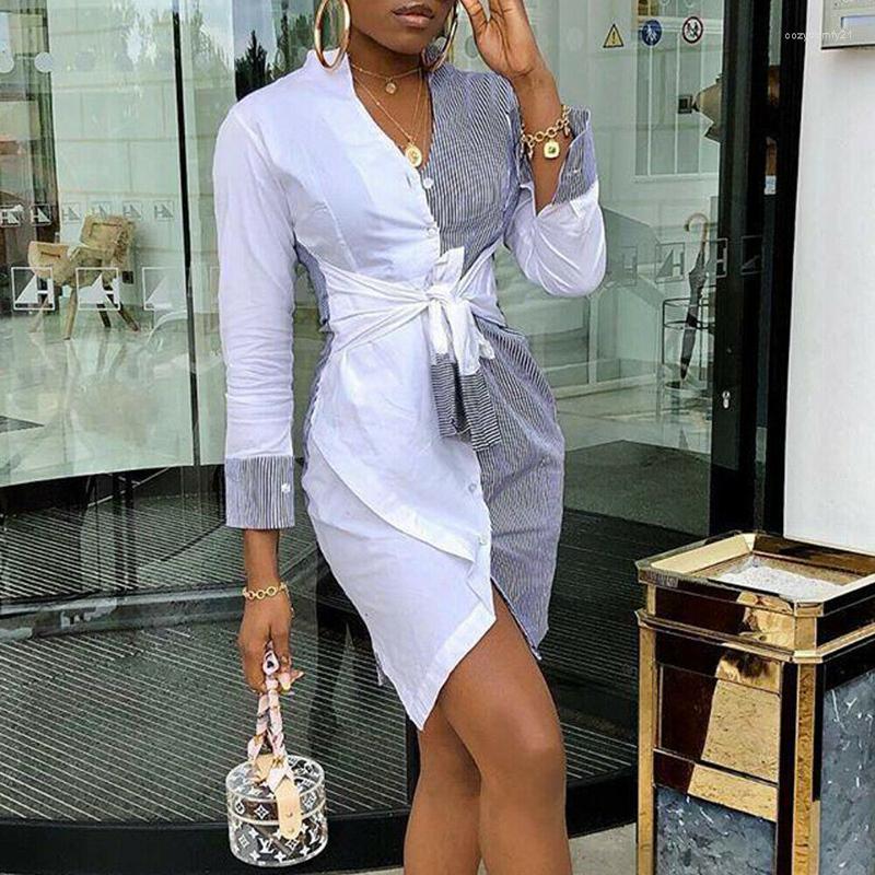 

Casual Dresses Women Stripe Color Block Patchwork Shirt Dress Summer Long Sleeve V-neck Front Tie-knot Button Down Party Mini Streetwear