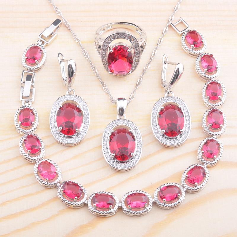 

Earrings & Necklace Silver Color Jewelry Sets For Women Wedding Red Semi-preciou Bracelet Pendant Ring Brithday Gift QS0116Earrings, As pic
