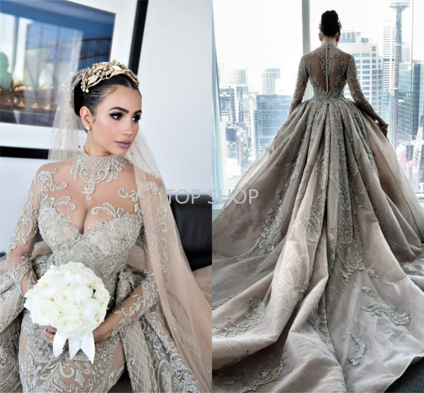 

Luxury Crystal Beaded High Neck Mermaid Wedding Dresses With Detachable Train Sexy Plus Size Long Sleeves Arabic Mulslim Bridal Gown 2022, Black