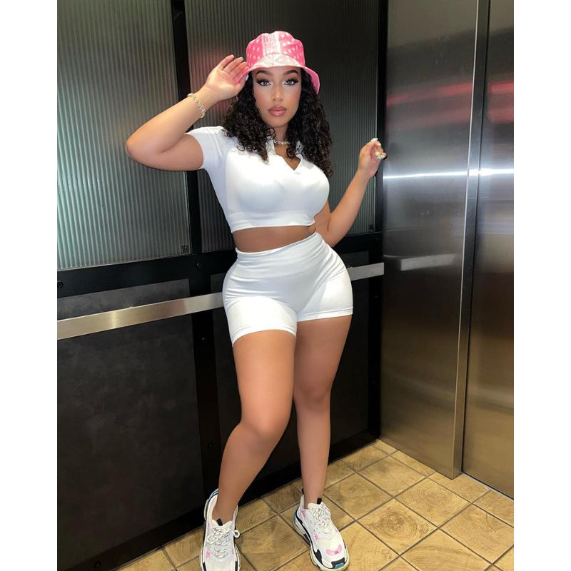 Women's Tracksuits Echoine Solid Stand Collar Short Sleeve Crop Top And Shorts Two Piece Set Bodycon Fitness Tracksuit Party Clubwear Sports
