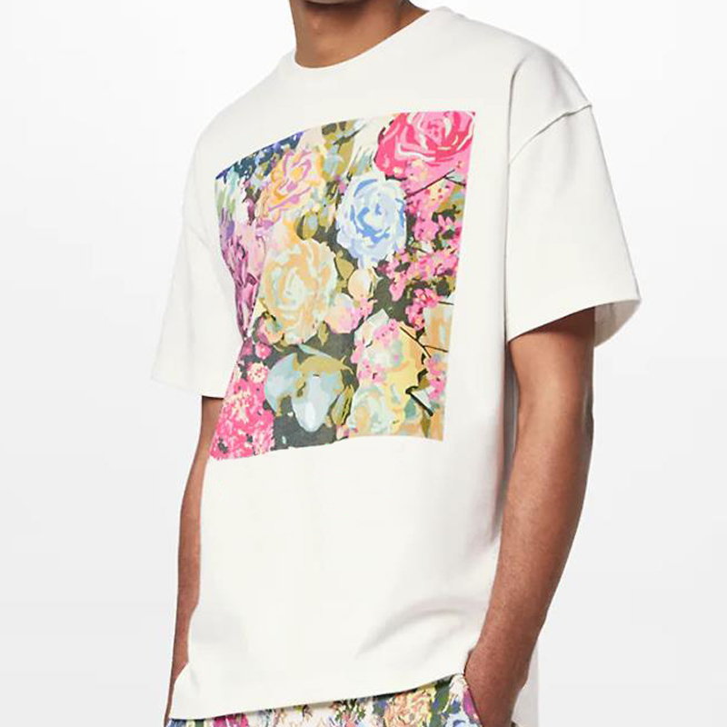 

22SS Flowers Printed Tee Fashion Man Women Beige T-shirt Summer Hip Hop Highstreet Oversized FZTX1263