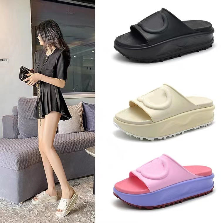 Beach slippers Canvas Platform Thick bottom designer Women Shoes Cartoon Alphabet lady platform slide sandal Leather Heels letter High heel Slide