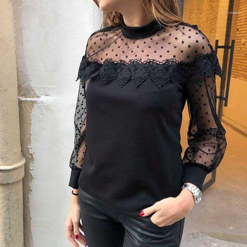 

Sexy Women Mesh Dot Shirts Summer See Through Lace Floral Tassel Blouses Long Sleeve Patchwork Blouse Women, Black