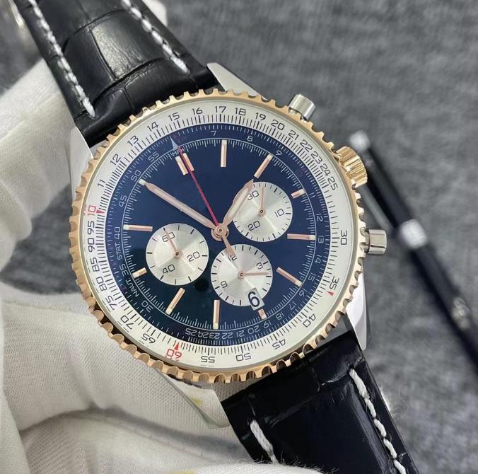 

46MM New Quality Navitimer Watch Chronograph Quartz Movement Yellow Gold Case Limited Silver Dial 50TH ANNIVERSARY Men Watch Leather Strap, 0.8mm