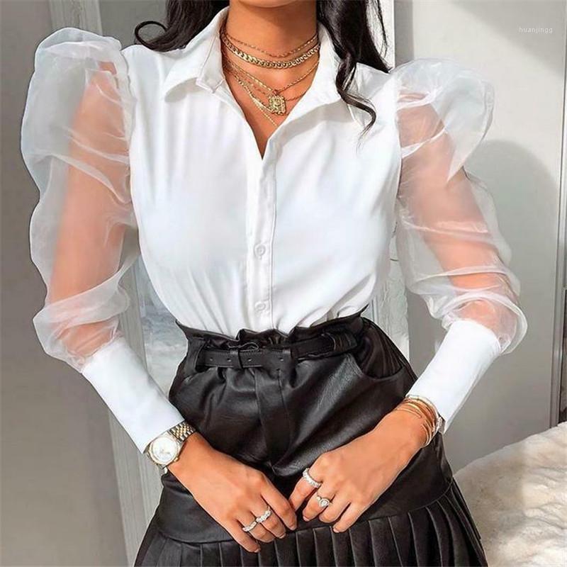 

Ladies Blouse Mesh Sheer Sleeve See-through Long Fashion Turn-down Neck Button White Black Latest Blouses Women' & Shirts