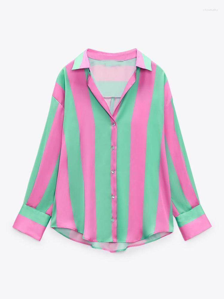 

Women's Blouses & Shirts Zach AiIsa Summer Women's Temperament Retro Collar Long-sleeved Silk Satin Texture Loose Casual Drape Striped S, Multi