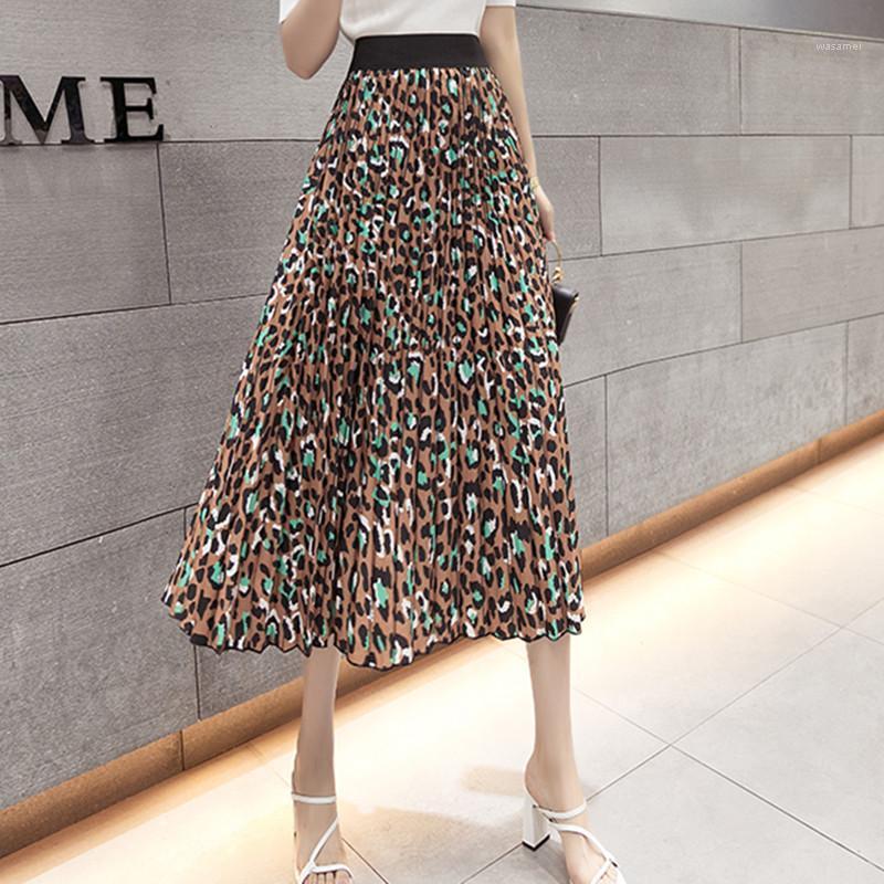 

Skirts Korean Chiffon Womens Elegant Women Pleated Skirt Woman High Waist Midi Leopard Print Faldas Mujer Moda