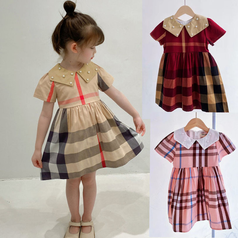 

Kids Girls Dresses Designer Clothing Classic Grid Round Neck No Sleeve Cottorn B Kids Dress Summer Knitwear Suit, Khaki