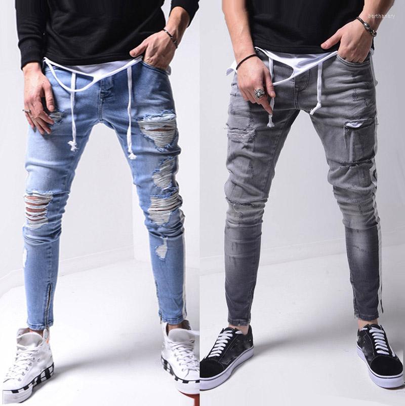 

Men' Jeans Men Ripped Slim Fit Side Stripe Destroyed Frayed Gray Skinny Fashion Ankle Zipper Distressed Denim Pencil PantsMen' Bert22