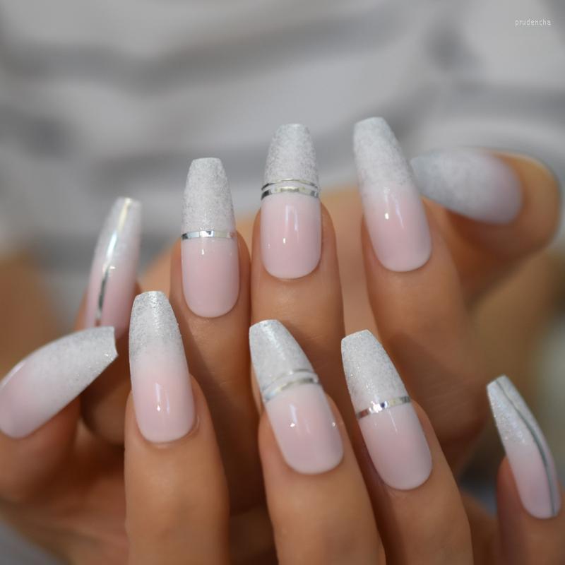 

False Nails French Designed Fake Nail Glitter Long Acrylic Coffin Design Sliver Edge Press On Prud22, L5264