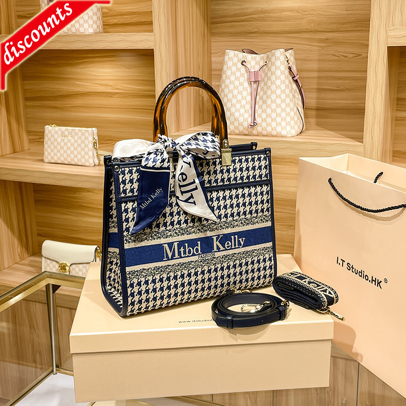 

Fashion High Quality Brand Trendy Ladies Bags Direct Sale Design Women's New Versatile Lattice One Shoulder Portable Tote, Blue silk scarf