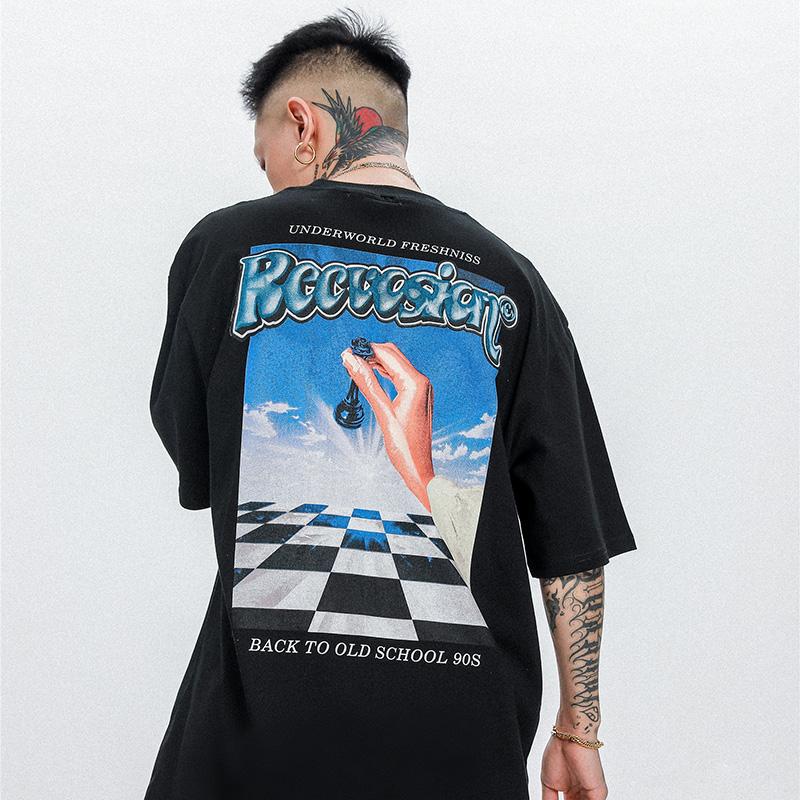 

Men' T-Shirts Oversize T-Shirt Men Hip Hop Streetwear Harajuku Chess Letter Print T Shirt Summer Short Sleeve Cotton Loose Plus Size Tshirt, Black