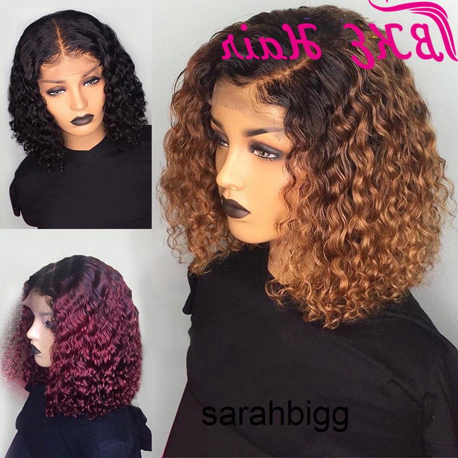 

1B/Blonde Ombre Short Kinky Curly Simulation Human Hair Wigs Pre Plucked Black /Burgundy Red Synthetic Lace Front Bob Wig Heat Resistant HS8V, Ombre brown color