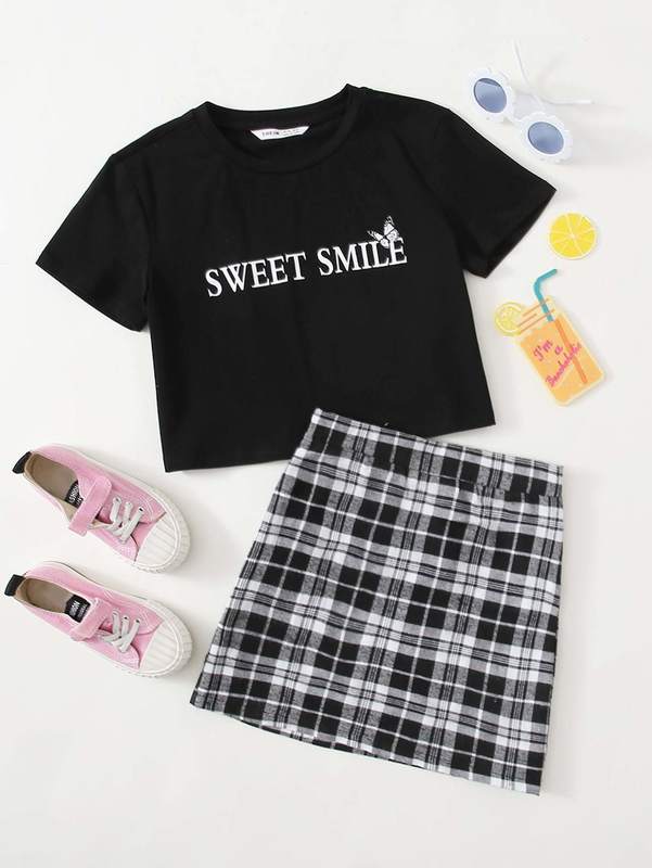 

Girls Letter and Top & Tartan Skirt Set SHE, Black and white