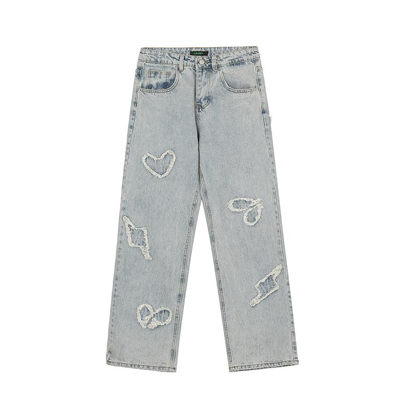 

Men' Jeans Cyber Y2k Fringed Heart Graffiti Hiphop Pants And Women' Straight Casual, Sky blue
