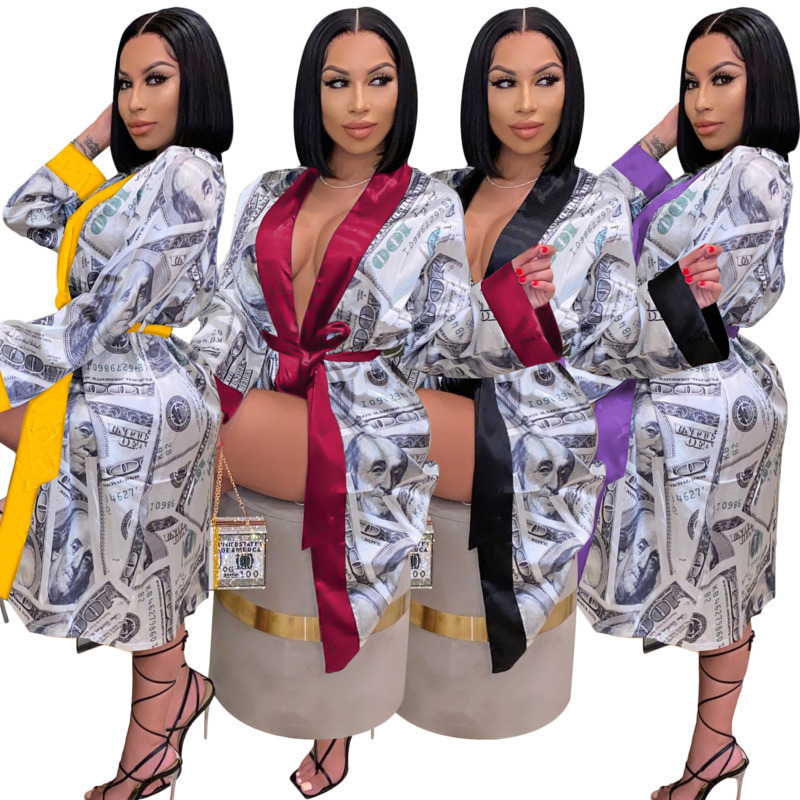 

Retail Womens Sleepwear Casual Pajamas Fashion Lingeries Robes Satin US Dollar Print Lace Up Medium Length Nightgowns, #7
