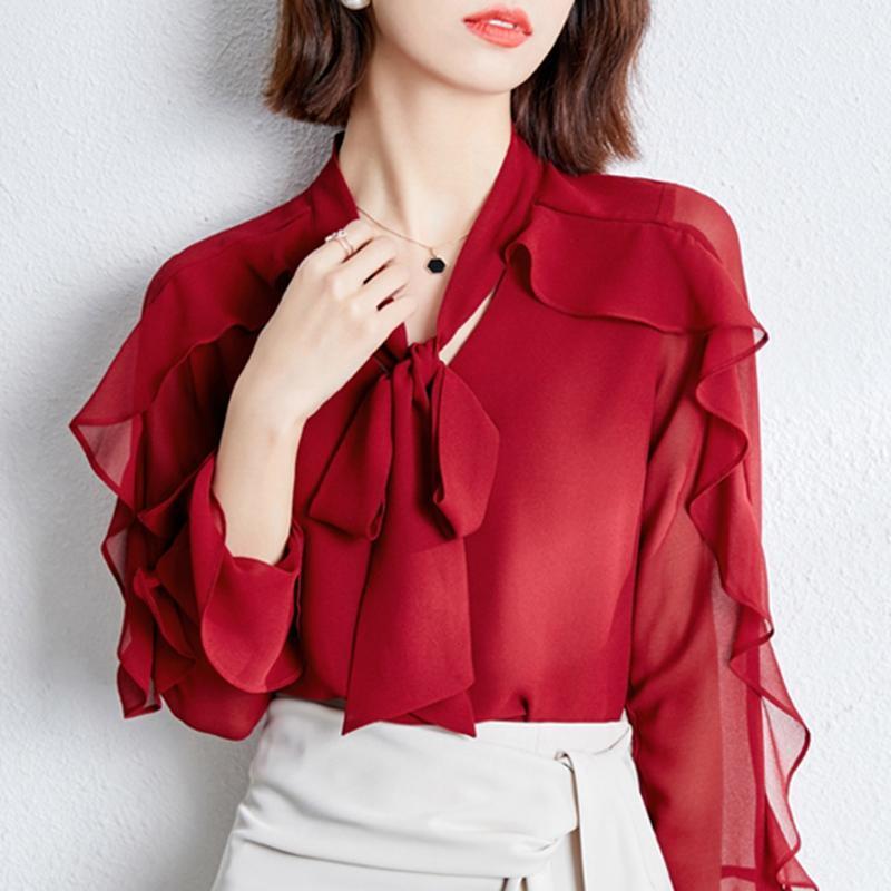 

Women' Blouses & Shirts Fashion Red Ruffled Bowknot Chiffon Shirt Women Blouse Casual Long-sleeved Office Ladies Work Female Basic All-matc