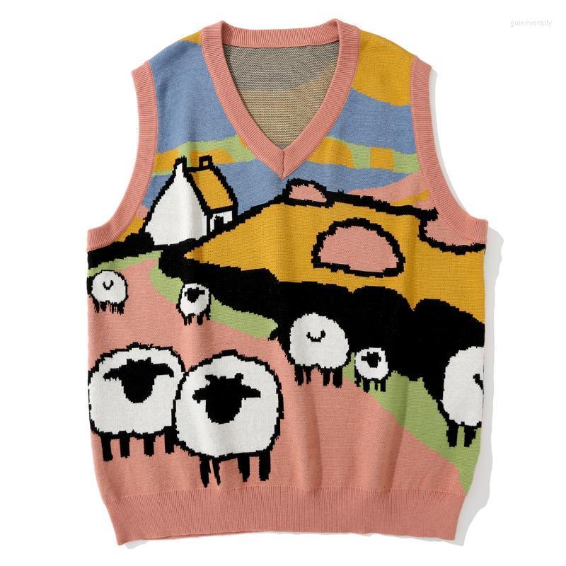 

Men' Vests LACIBLE Autumn Knitted Vest Sweater Men Sheep Pattern Sleeveless Harajuku Streetwear Loose Kint Tank Tops Pullover Unisex Guin22, Brown