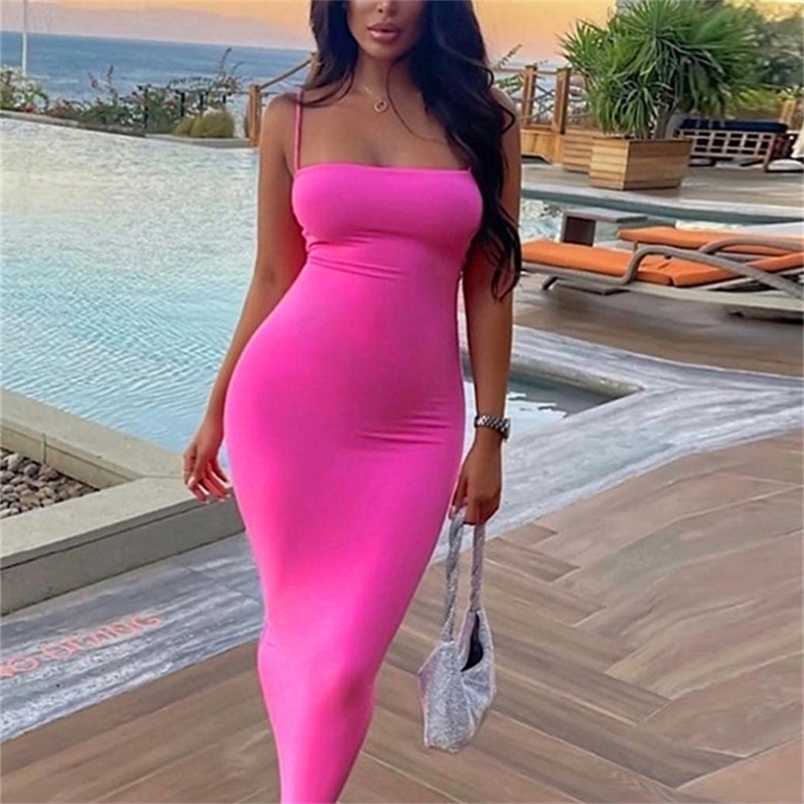 

Women Casual Summer Spaghetti Strap Bodycon Dress Fashion Solid Color Sleeveless Backless Slim Fit Sling Long 220613, Rose red
